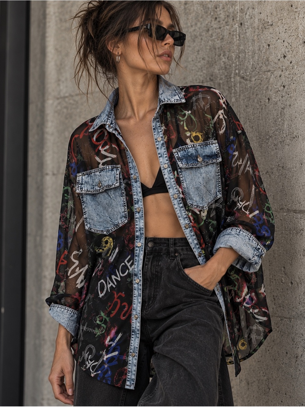 Truth NYC Sheer Graffiti Button Down Shirt Open Slit Tie Back Denim Trim M